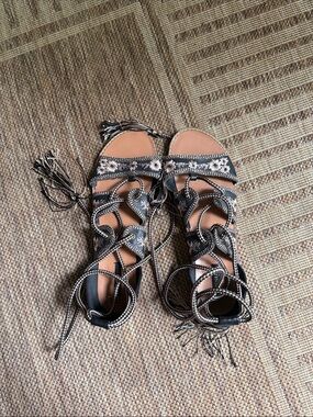 Forever 21 Black Embroidered Lace-Up Gladiator Sandals